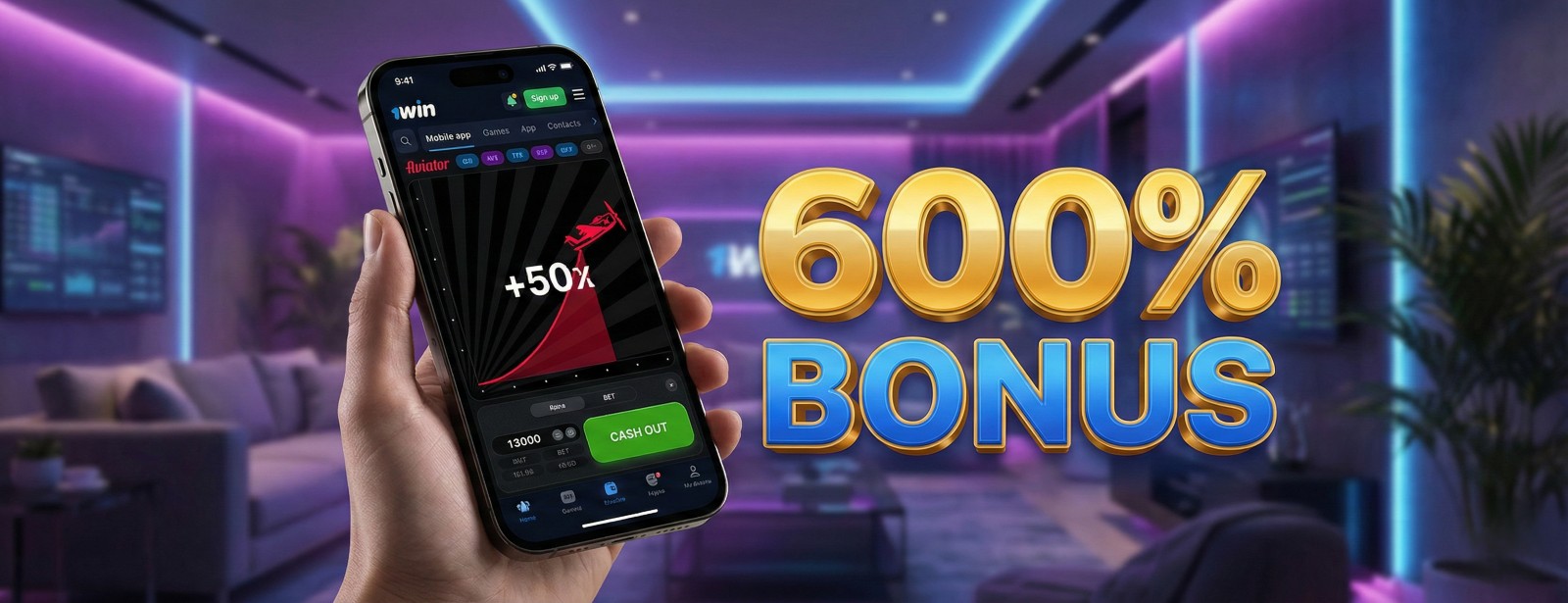 Aplikacja mobilna 1win z bonusem 600% dla nowych graczy. Interfejs gry Aviator na smartfonie v nowoczesnym pokoju