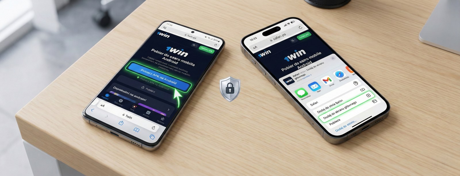Bezpieczny proces pobierania aplikacji 1win na systemy Android i iOS (PWA) przedstawiony na dwóch smartfonach