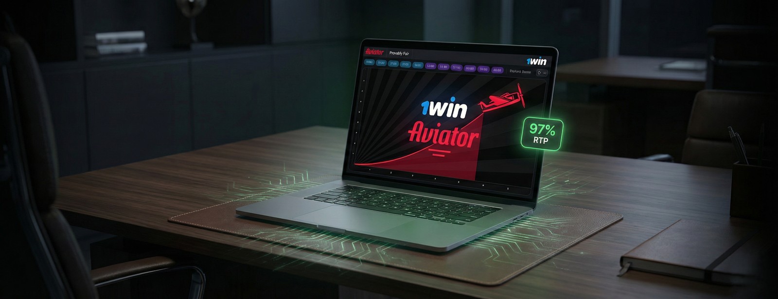 Gra Aviator v kasynie 1win na ekranie laptopa, wysokie RTP 97% i system Provably Fair dla bezpiecznej rozgrywki
